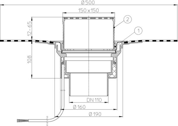 Dachablauf DN110 mit Bitumenmanschette und Heizung (10-30W/230V). Begehbar - 148x148mm / 137x137mm  HL62.1BH/1